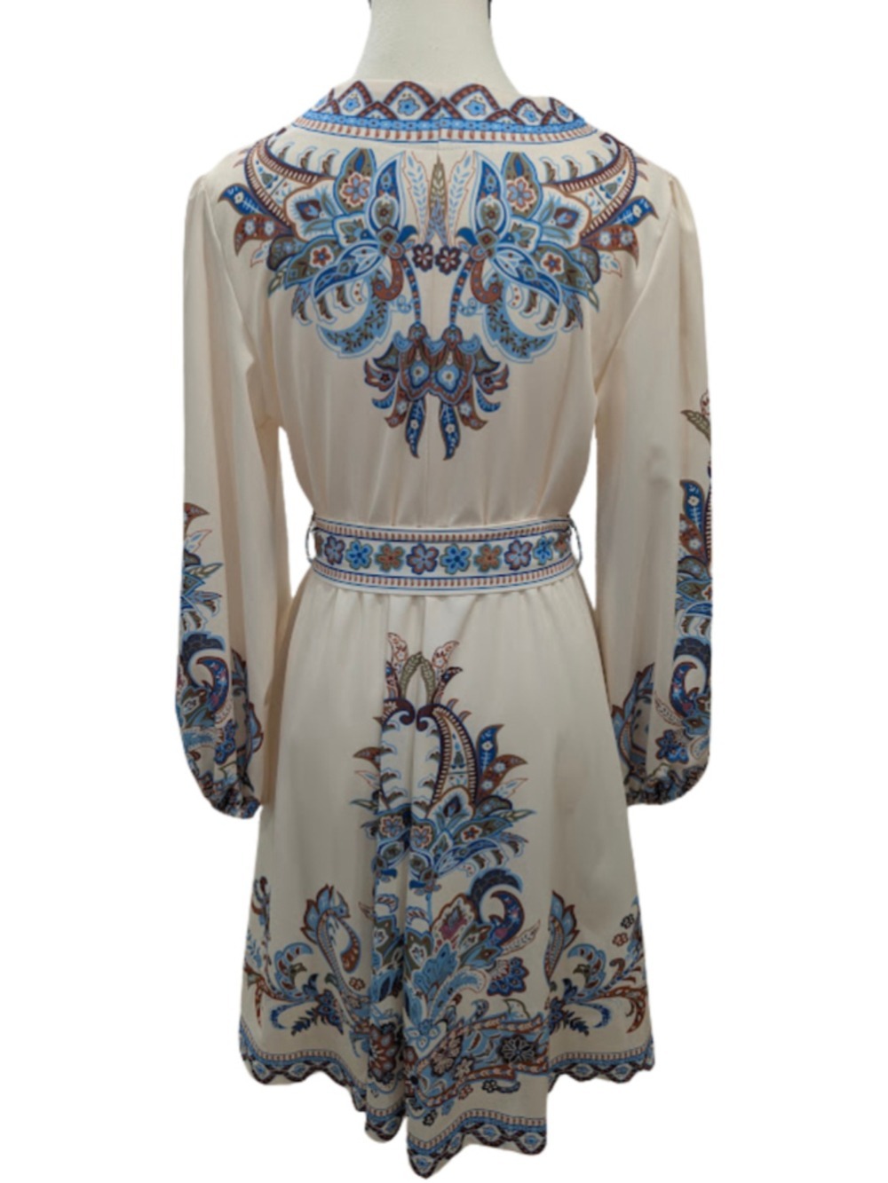 Paisley Belted Fit & Flare Dress Blue Ivory Boho Long Sleeve Size M - Picture 4 of 12